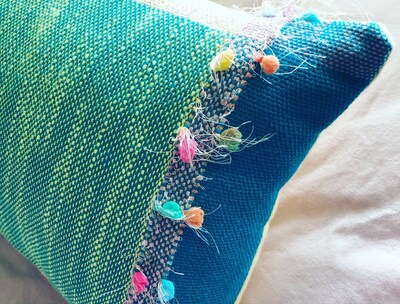 Handwoven Cushions, all Natural Cotton with delicate frills. Turquoise, pins and lavender. Approximately 12x18” - image4